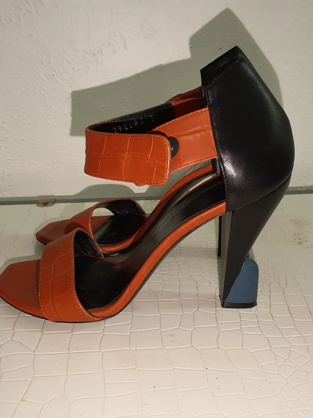Balenciaga Orange and Black Block Heel Sandals with Blue Accent